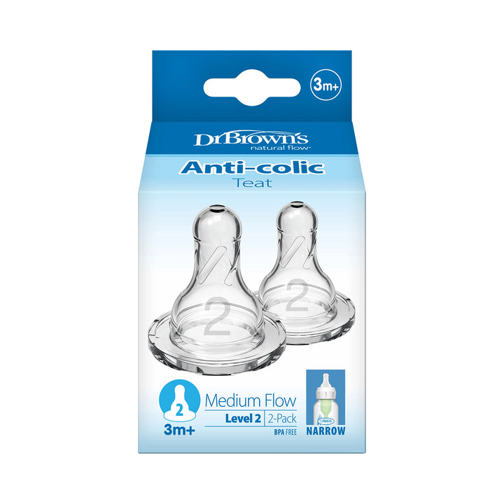 Dr. Brown's Natural Flow Narrow Baby Bottle Silicone Level 2 Nipple, 2-Pack)
