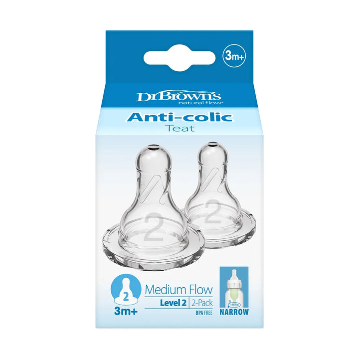Dr. Brown's Natural Flow Narrow Baby Bottle Silicone Nipple, 2-Pack- Level 3 (6m+ Medium-Fast Flow)