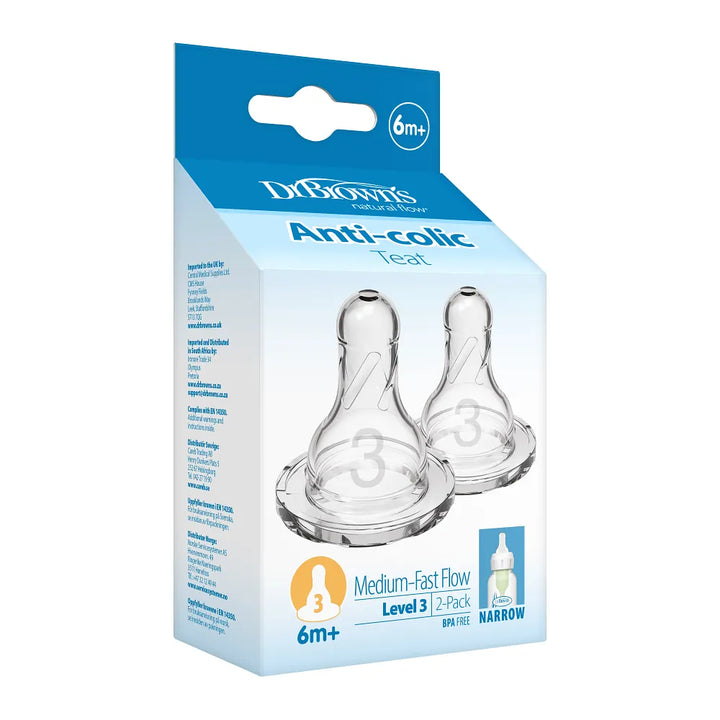 Dr. Brown's Natural Flow Narrow Baby Bottle Silicone Level 3 Nipple, 2-Pack