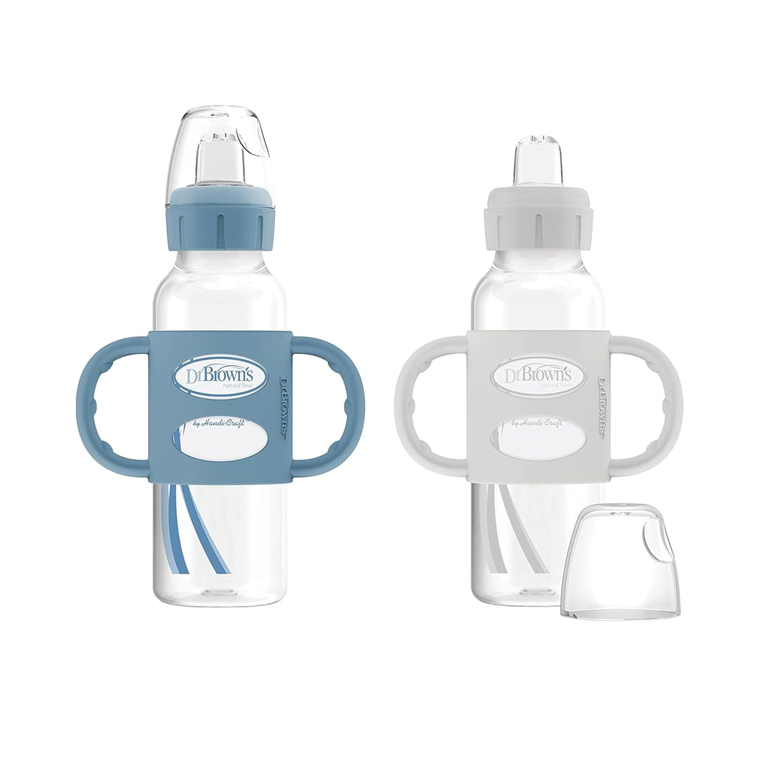 Dr. Brown’s® Milestones™ Narrow Sippy Bottle with Silicone Handles, 8oz/250mL, 6m+, Lt Blue & Lt Gray, 2-Pack