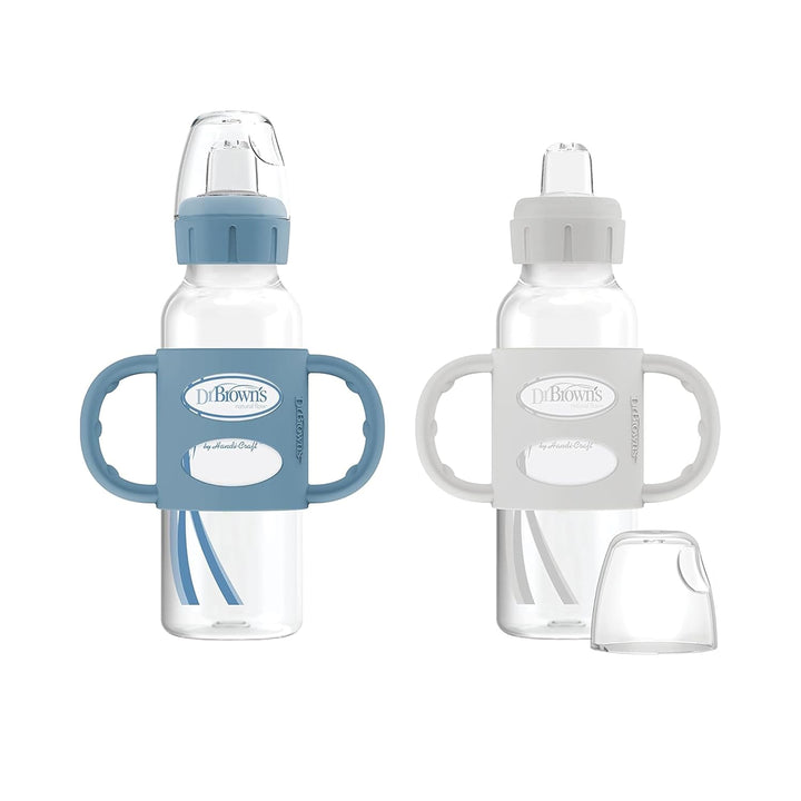 Dr. Brown’s® Milestones™ Narrow Sippy Bottle with Silicone Handles, 8oz/250mL, 6m+, Lt Blue & Lt Gray, 2-Pack