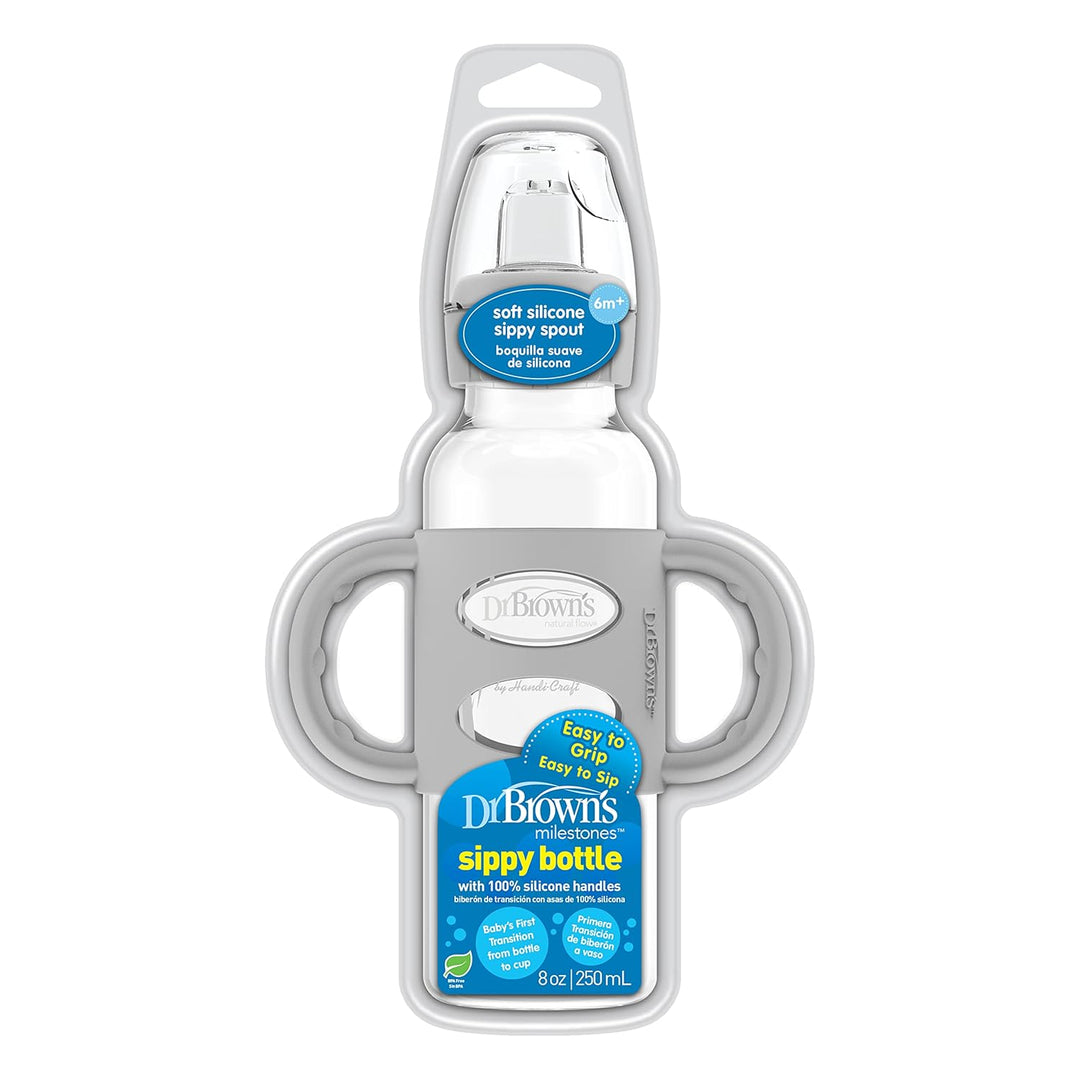 Dr. Brown’s® Milestones™ Narrow Sippy Bottle with Silicone Handles, 8oz/250mL, 6m+, Lt Blue & Lt Gray, 2-Pack
