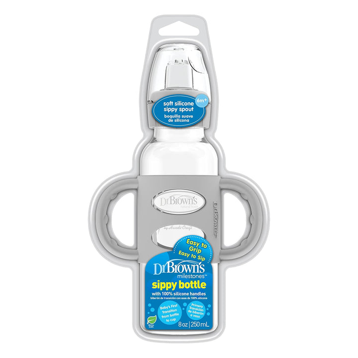 Dr. Brown’s® Milestones™ Narrow Sippy Bottle with Silicone Handles, 8oz/250mL, 6m+, Lt Blue & Lt Gray, 2-Pack