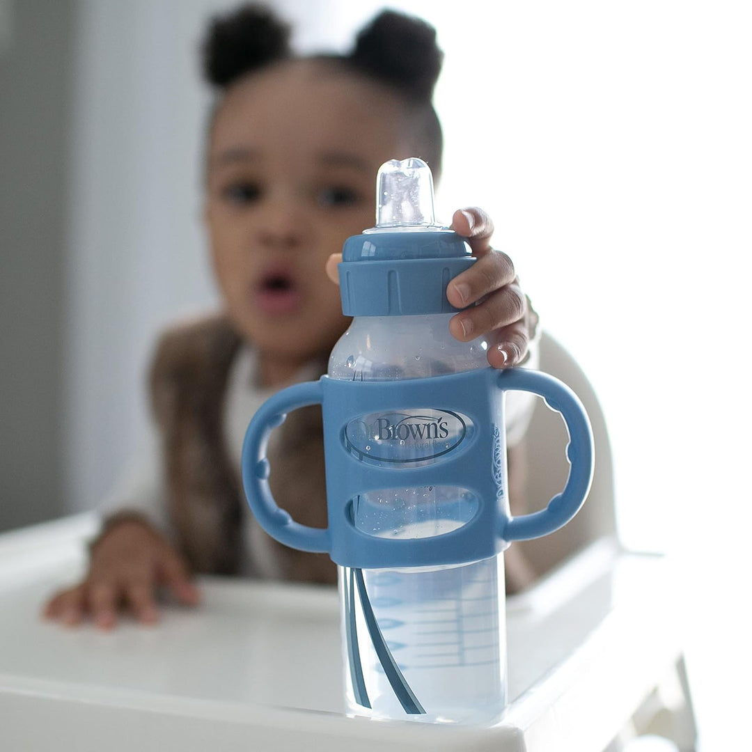 Dr. Brown’s® Milestones™ Narrow Sippy Bottle with Silicone Handles, 8oz/250mL, 6m+, Lt Blue & Lt Gray, 2-Pack