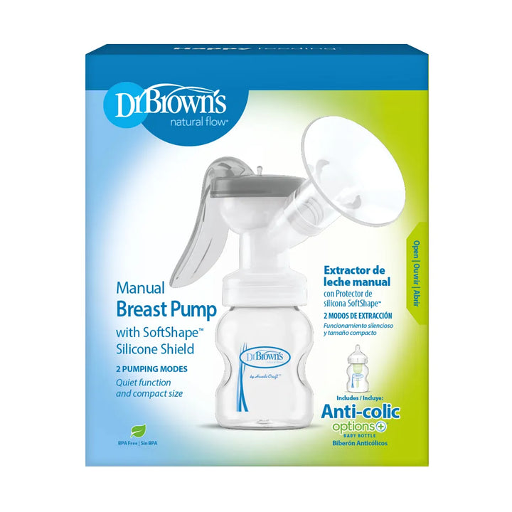 Dr. Brown’s™ Manual Breast Pump with SoftShape™ Silicone Shield & Anti-Colic Options+™ Wide-Neck Baby Bottle 5 oz/150 mL
