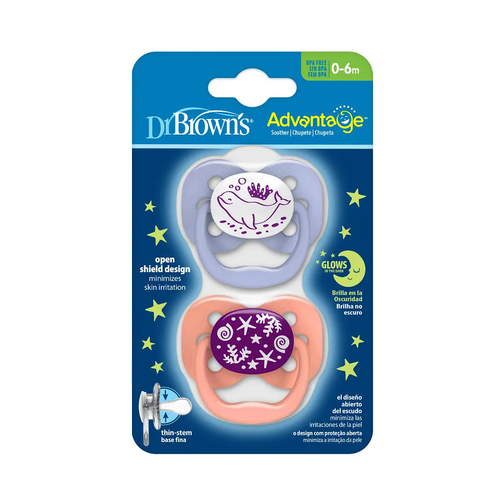 Dr. Brown’s™ Advantage™ Pacifiers, Glow in the Dark, Coral Ocean, 2 Pack