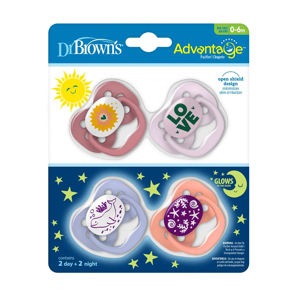 Dr. Brown’s™ Advantage™ Pacifiers, Lavender Love and Glow in the Dark Coral Ocean, 4-Pack
