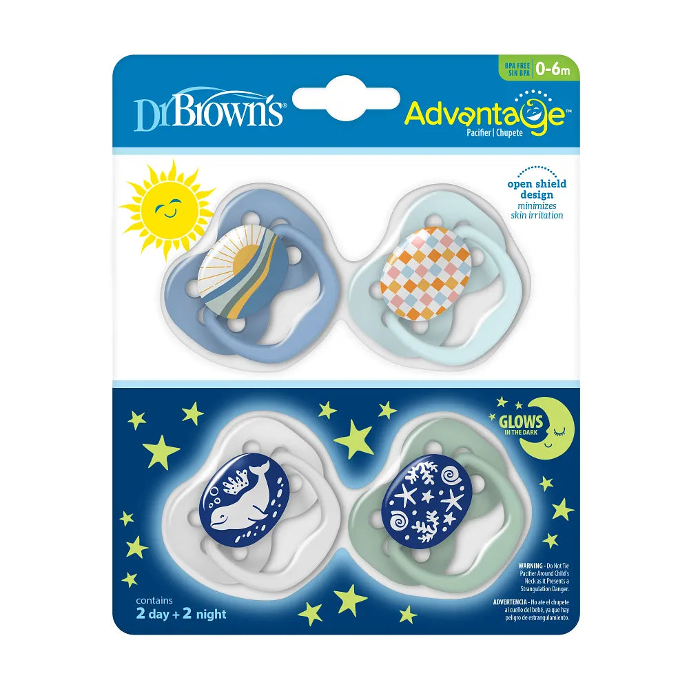 Dr. Brown’s™ Advantage™ Pacifiers, Blue Sunrise and Glow in the Dark Blue Ocean, 4-Pack