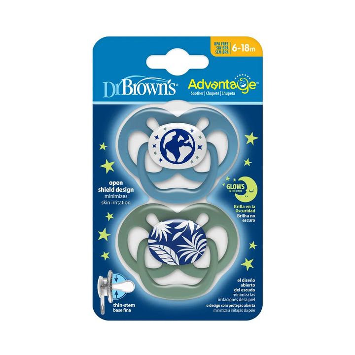 Dr. Brown’s™ Advantage™ Pacifiers, Glow in the Dark, Blue Nature, 2 Pack