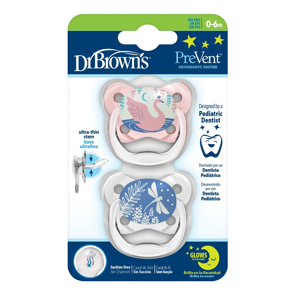 PreVent™ Pacifiers Glow in the Dark BUTTERFLY SHIELD Soother, Stage 1, 2-Pack - Pink
