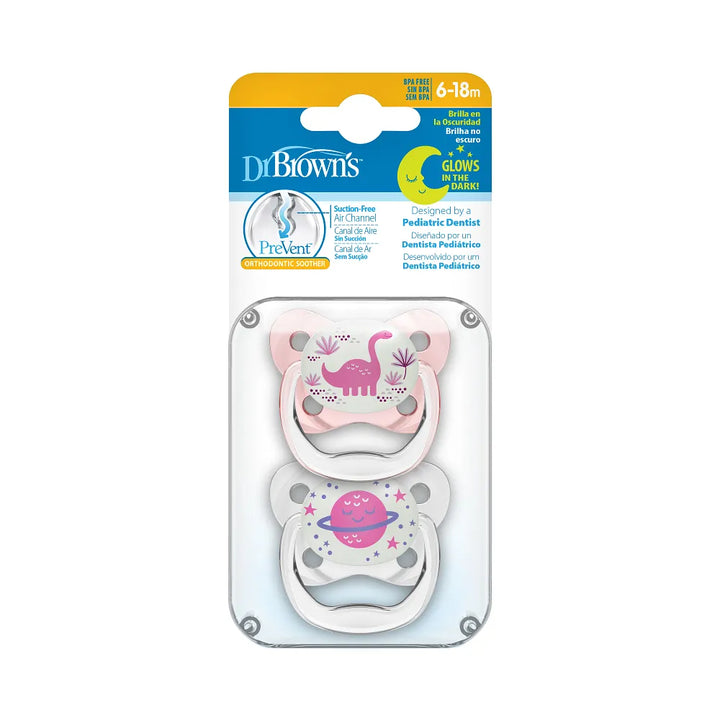 PreVent™ Pacifiers Glow in the Dark BUTTERFLY SHIELD Soother, Stage 2, 2-Pack- Pink