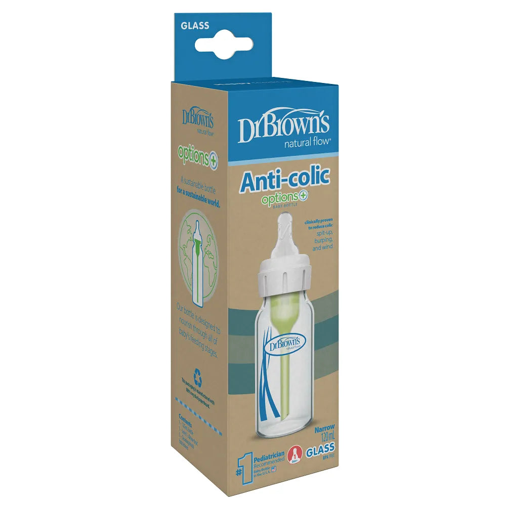 Dr. Brown’s Anti-Colic Options+ Narrow Glass Baby Bottle, 4oz/120ML, 1-Pack