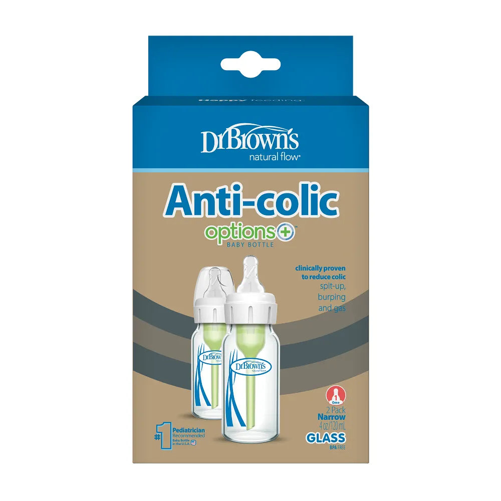 Dr. Brown’s Anti-Colic Options+ Narrow Glass Baby Bottle, 4oz/120ML, 2-Pack