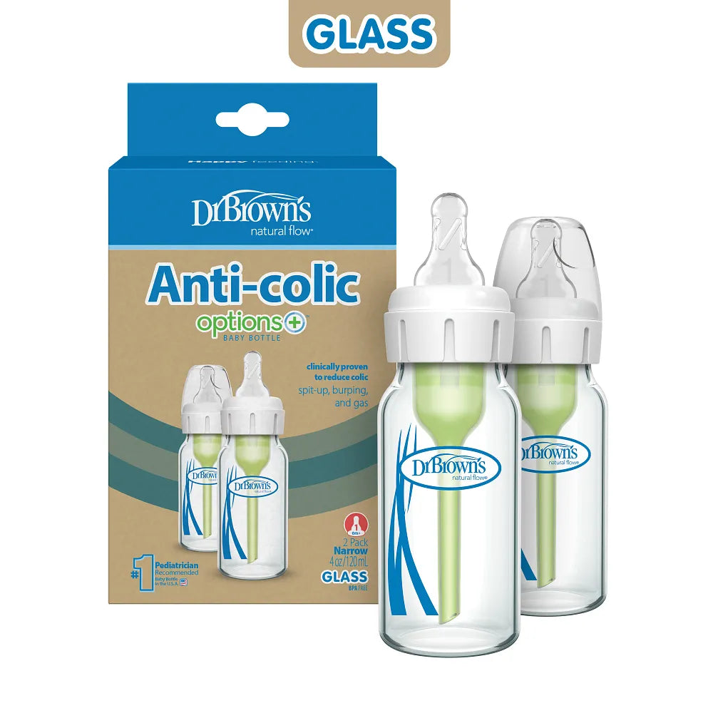 Dr. Brown’s Anti-Colic Options+ Narrow Glass Baby Bottle, 4oz/120ML, 2-Pack