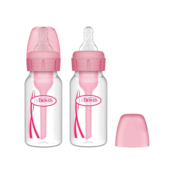 Dr. Brown's Natural Flow Anti-Colic Options+ Narrow Baby Bottle, 4 oz/120 ml, Pink, 2-Pack