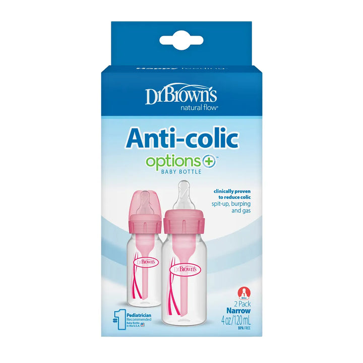 Dr. Brown's Natural Flow Anti-Colic Options+ Narrow Baby Bottle, 4 oz/120 ml, Pink, 2-Pack