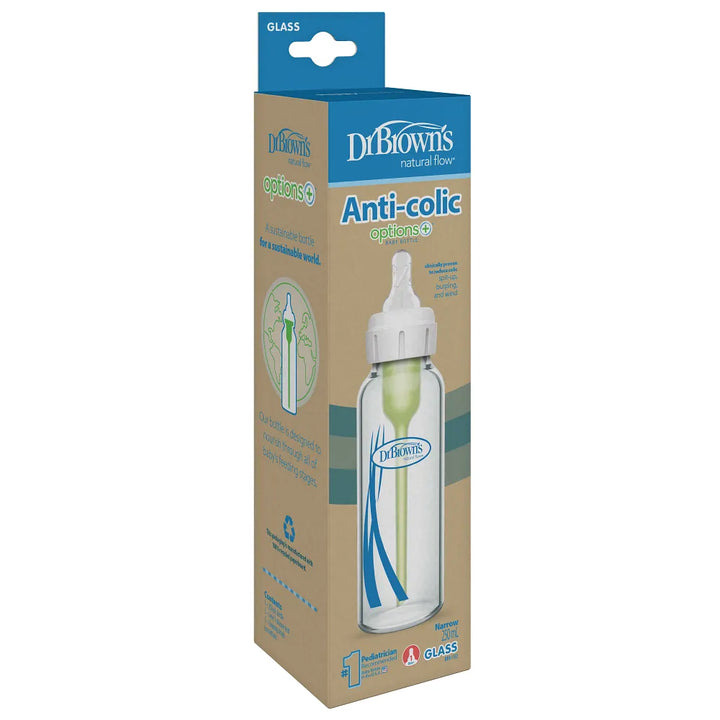 Dr. Brown’s Anti-Colic Options+ Narrow Glass Baby Bottle, 8oz/250ML, 1-Pack