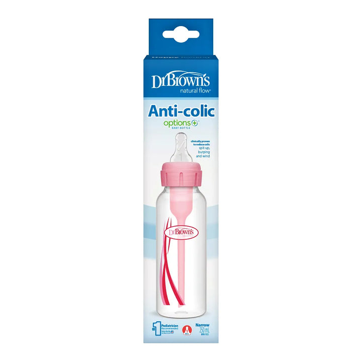 Dr. Brown's Natural Flow Anti-Colic Options+ Narrow Baby Bottle, 8 oz/250 ml, Pink, 1-Pack