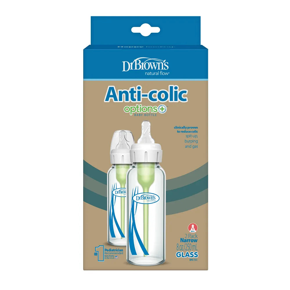 Dr. Brown’s Anti-Colic Options+ Narrow Glass Baby Bottle, 8oz/250ML, 2-Pack
