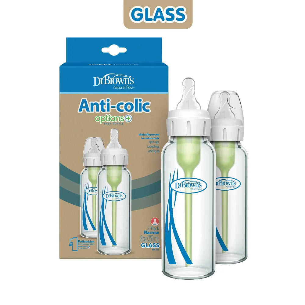 Dr. Brown’s Anti-Colic Options+ Narrow Glass Baby Bottle, 8oz/250ML, 2-Pack