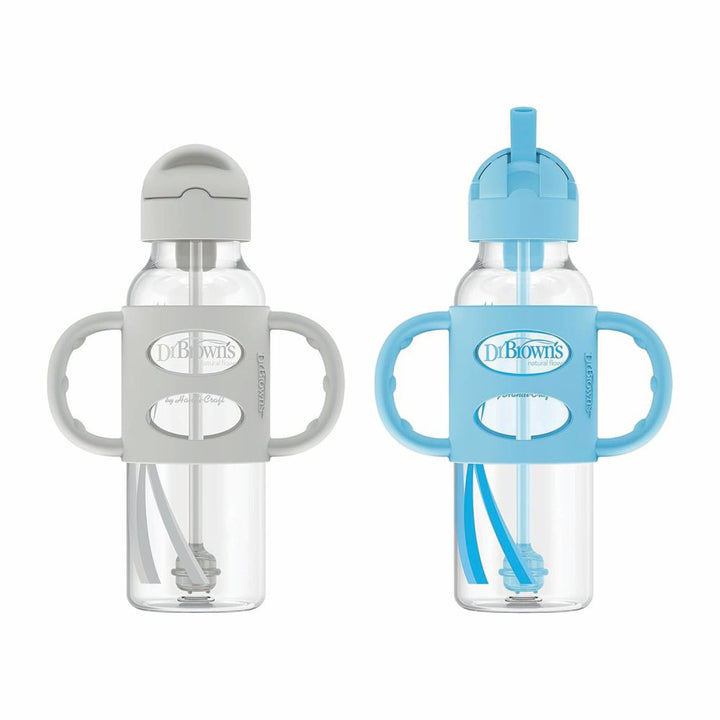 Dr. Brown’s® Milestones™ Narrow Sippy Straw Bottle with Silicone Handles, 8oz/250mL, 6m+, Gray and Blue, 2-Pack