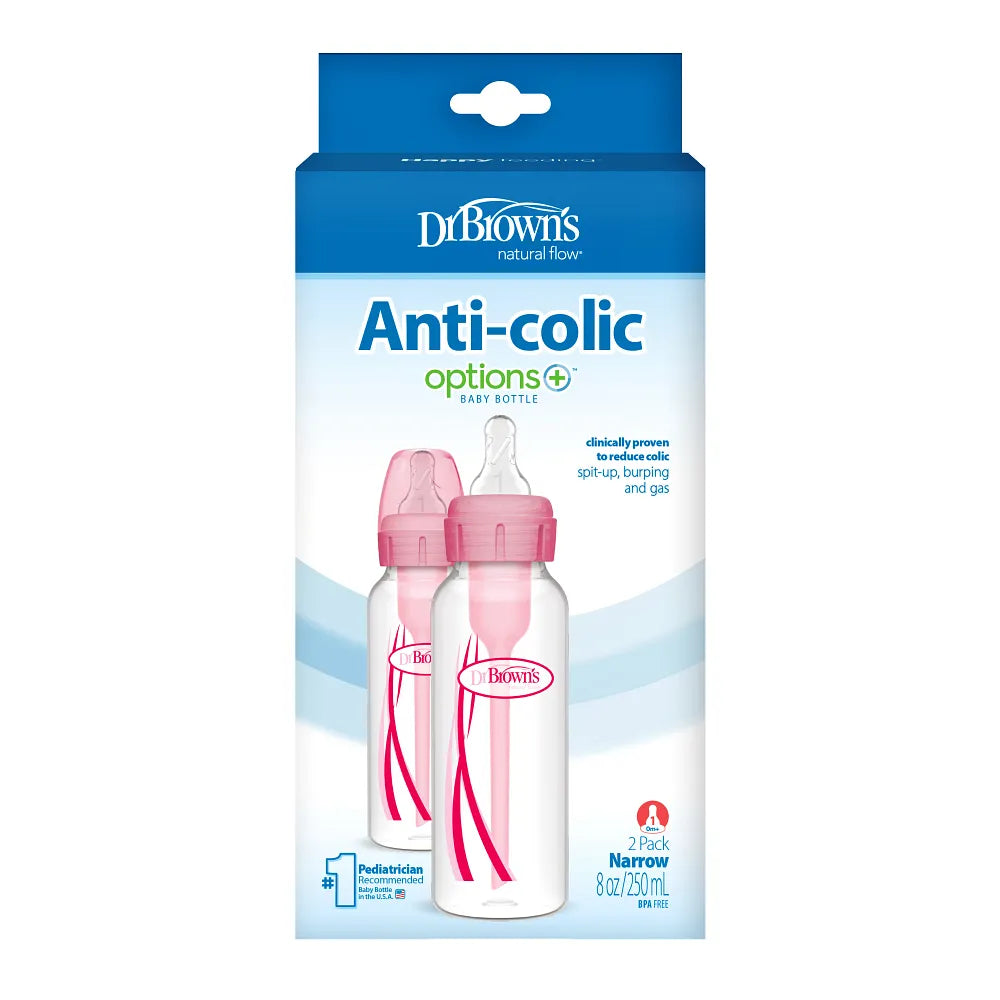Dr. Brown's Natural Flow Anti-Colic Options+ Narrow Baby Bottle, 8 oz/250 ml, Pink, 2-Pack