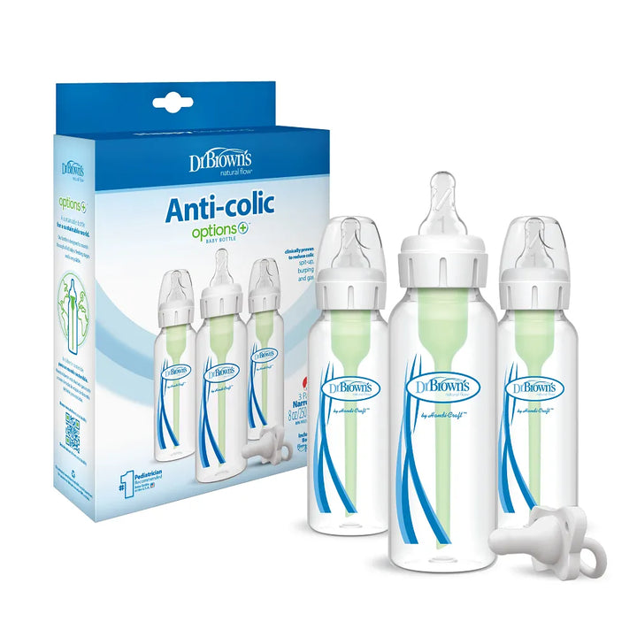 Dr. Brown’s Options+™ Narrow Anti-Colic Baby Bottle, 8oz/250mL, 3-Pack, with HappyPaci™