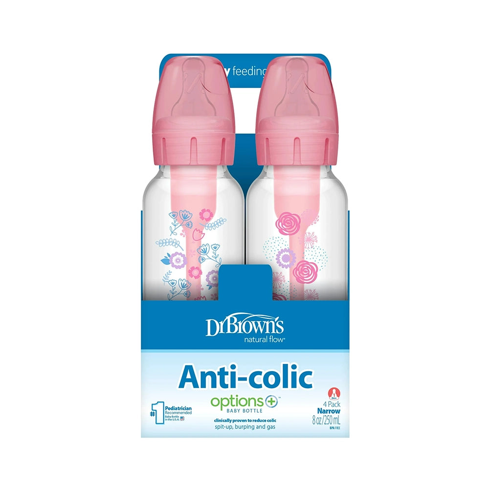 Dr. Brown's Natural Flow Anti-Colic Options+ Narrow Baby Bottle, 8 oz/250 ml, Pink Floral, 4-Pack