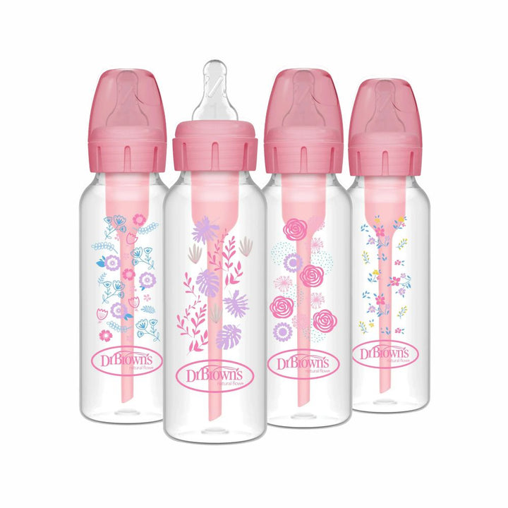 Dr. Brown's Natural Flow Anti-Colic Options+ Narrow Baby Bottle, 8 oz/250 ml, Pink Floral, 4-Pack