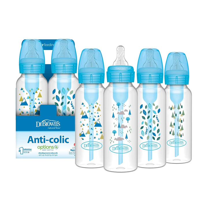 Dr. Brown's Natural Flow Anti-Colic Options+ Narrow Baby Bottle, 8 oz/250 ml, Blue Nature, 4-Pack
