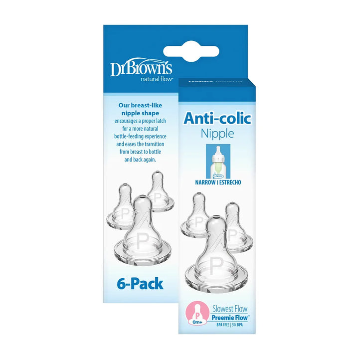 Dr. Brown's Natural Flow Narrow Baby Bottle Silicone Nipple, 6 -Pack - Preemie (0m+ Slowest Flow)