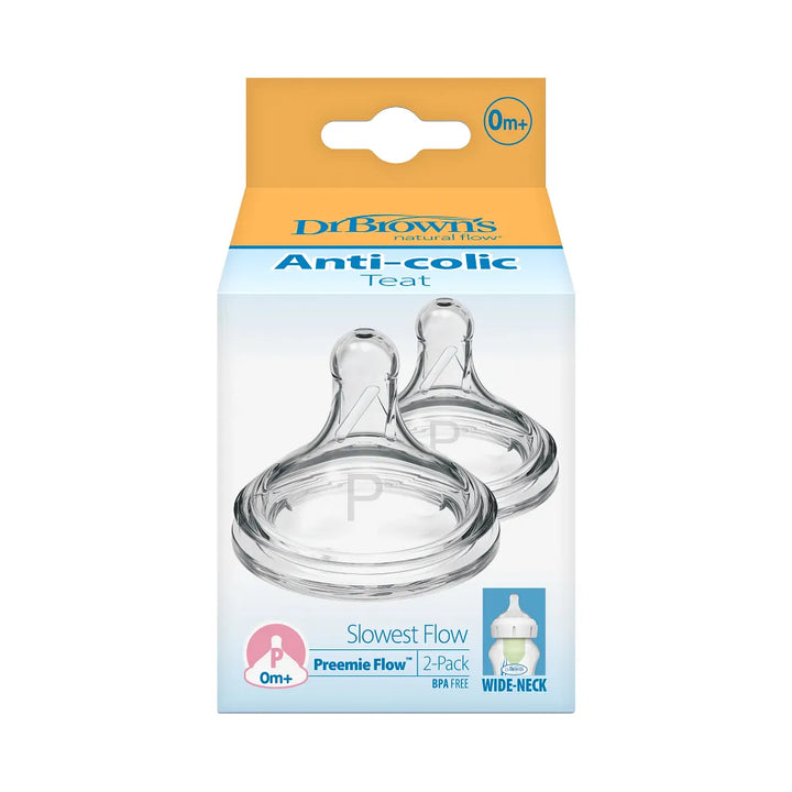 Dr. Brown's Natural Flow Wide-Neck Baby Bottle Silicone Nipple, 2-Pack Preemie  ((0m+ Slowest Flow)