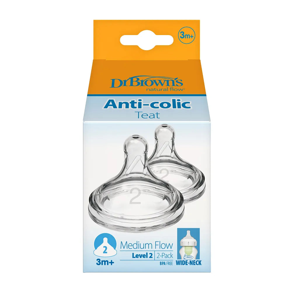 Dr. Brown's Natural Flow Wide-Neck Baby Bottle Silicone Nipple, 2-Pack Level 2 (3m+ Medium Flow)
