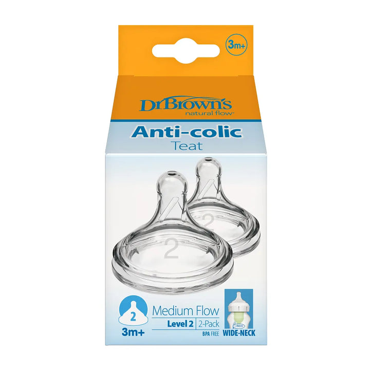 Dr. Brown's Natural Flow Wide-Neck Baby Bottle Silicone Nipple, 2-Pack Level 2 (3m+ Medium Flow)