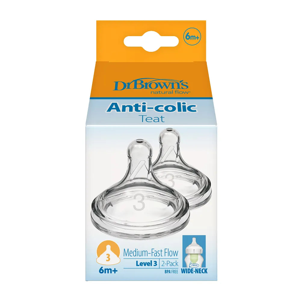 Dr. Brown's Natural Flow Wide-Neck Baby Bottle Silicone Nipple, 2-Pack Level 3 (6m+ Medium-Fast Flow)