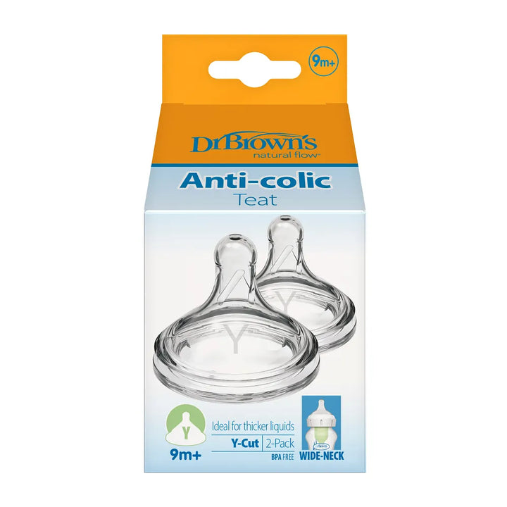 Dr. Brown's Natural Flow Wide-Neck Baby Bottle Silicone Nipple, 2-Pack - Y Cut (9m+ Ideal for thicker liquid)