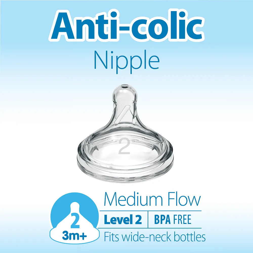 Dr. Brown's Natural Flow Wide-Neck Baby Bottle Silicone Nipple, 2-Pack Level 2 (3m+ Medium Flow)