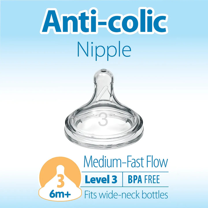 Dr. Brown's Natural Flow Wide-Neck Baby Bottle Silicone Nipple, 2-Pack Level 3 (6m+ Medium-Fast Flow)